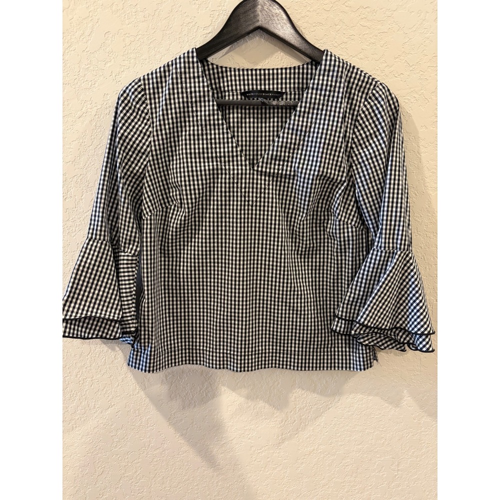 White House Black Market Gingham V-Neck Bell Sleeve Blouse Black White Size 2